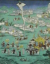 Bardo ascent of a bodhisattva via an astral cord as scavenging crows assault his remains.